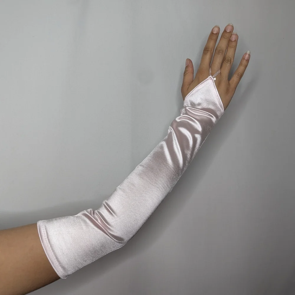 New Womens Pale Light Pink Satin Fingerless Hoco Prom Formal Gloves One Size